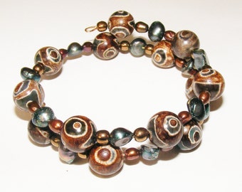 Tibetan Agate Wrap Bracelet, Brown, Green, Brass, Nature, Autumn