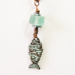 Sweet Tropical Fish Pendant Necklace, Copper, Greece, Greek, Sea Glass, Handmade, Mykonos, Patina