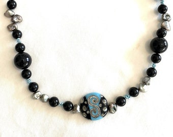 Turquoise and black handmade glass and gemstone necklace, stunning, unique, artisan