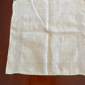 May include: A white cotton handkerchief with a delicate lace trim around the edges.