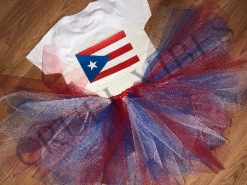May include: A white t-shirt with a red, white, and blue Puerto Rican flag design on the back. The shirt is paired with a red, white, and blue tulle tutu.