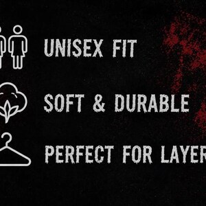 May include: A black background with red textured accents featuring three white line icons and text. The icons include a unisex symbol, a cotton boll, and a clothes hanger. The text reads UNISEX FIT, SOFT & DURABLE, and PERFECT FOR LAYERING.