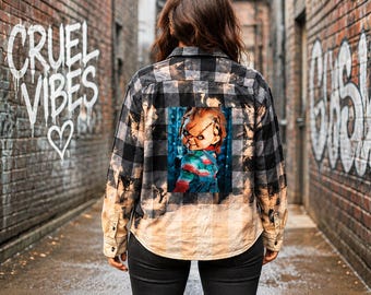 Chucky Hand Bleached Flannel Shirt, Child’s Play Horror Shirt, Killer Doll Flannel, Halloween Horror Clothing