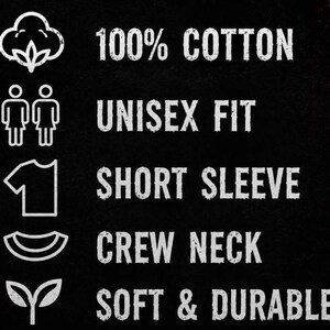 May include: A black informational graphic featuring white icons and text. The text reads 100% COTTON, UNISEX FIT, SHORT SLEEVE, CREW NECK, and SOFT & DURABLE. The icons depict a cotton boll, two figures, a t-shirt, a neckline, and a small plant sprout.
