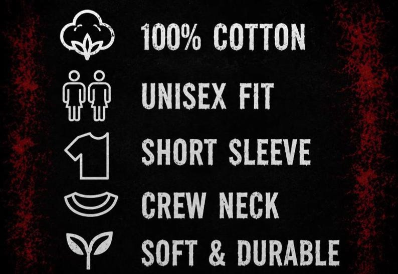 May include: A black informational graphic featuring white icons and text. The text reads 100% COTTON, UNISEX FIT, SHORT SLEEVE, CREW NECK, and SOFT & DURABLE. The icons depict a cotton boll, two figures, a t-shirt, a neckline, and a small plant sprout.