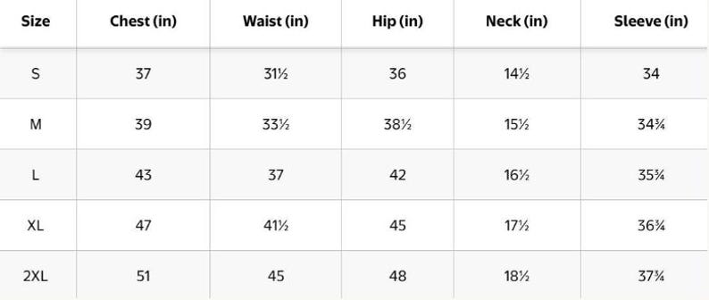 May include: A size chart table with black text on a white background. The columns are labeled Size, Chest (in), Waist (in), Hip (in), Neck (in), and Sleeve (in). Rows list sizes S, M, L, XL, and 2XL with corresponding numerical measurements in inches.