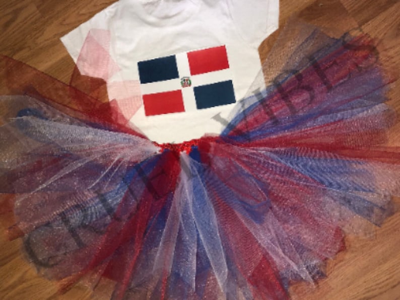 May include: A white t-shirt with the Dominican Republic flag printed on the front, paired with a red, white, and blue tulle tutu.