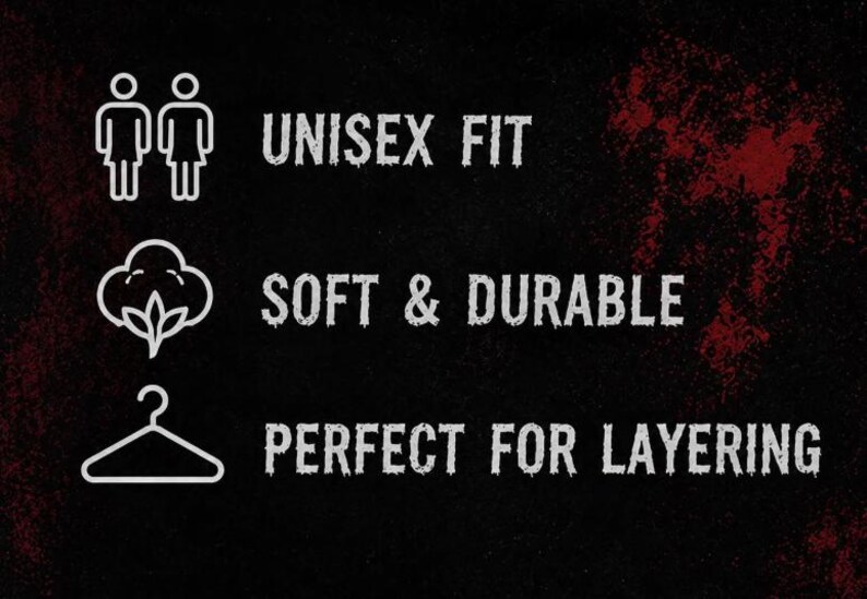 Puede incluir: Un fondo negro con acentos texturizados en rojo que presenta tres iconos de l&iacute;nea blancos y texto. Los iconos incluyen un s&iacute;mbolo unisex, una c&aacute;psula de algod&oacute;n y una percha. El texto dice UNISEX FIT, SOFT & DURABLE y PERFECT FOR LAYERING.