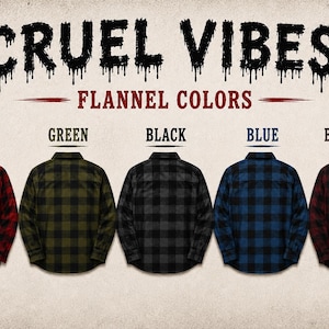 Puede incluir: Una muestra de cinco camisas de franela de manga larga en rojo, verde, negro, azul y burdeos, cada una con un patr&oacute;n de cuadros oscuros. El texto CRUEL VIBES aparece en la parte superior con una fuente goteante, con FLANNEL COLORS y etiquetas.
