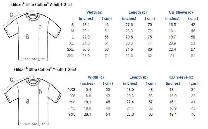 K&ouml;nnte beinhalten: Eine Gr&ouml;&szlig;entabelle f&uuml;r Gildan Ultra Cotton T-Shirts. Die Tabelle zeigt die Breite, L&auml;nge und &Auml;rmell&auml;nge in Zoll und Zentimetern f&uuml;r sowohl Erwachsene als auch Kindergr&ouml;&szlig;en.