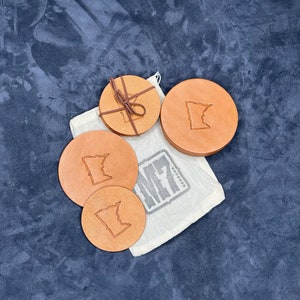 Handcrafted Leather Minnesota Coaster Set – A Unique, Rustic Touch for Your Home / 6 Gift Set