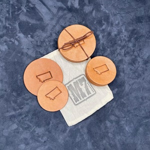 Handcrafted Leather Montana Coaster Set – Unique and Rustic Charm / 6 Gift Set