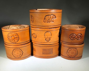 Closeout! - Hand Stamped Saddle Tan Leather Wrist Cuffs - Assorted Patterns and Sizes