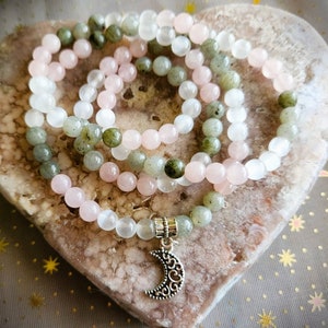 Labradorite Selenite & Rose Quartz Elastic Mala Prayer Beads w/Crescent Moon Charm 6mm 108 Beads