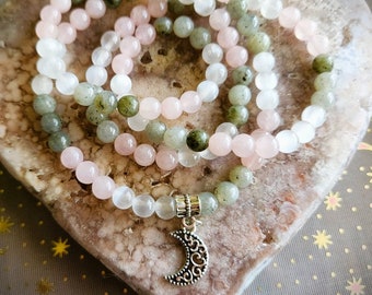 Labradorite Selenite & Rose Quartz Elastic Mala Prayer Beads w/Crescent Moon Charm 6mm 108 Beads