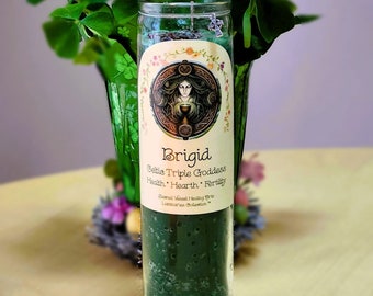 BRIGID Fixed Candle Celtic Healing Goddess Vigil Intention W/Quartz Pt. Frankincense Amber Vervain Herbal Infused & Celtic Irish Cross Charm