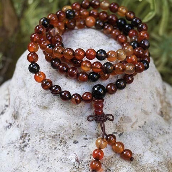 Carnelian Gemstone Mala Prayer Beads ( 108 ct )  Energy Sacral Chakra ~Stretchy