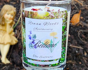 Beltane Sabbat Soy Candle 12 oz Rowan Woods Collection Druid Wiccan Fertility Fire May Festival Garnet Amber Musk Rose Petals +Bonus Ritual
