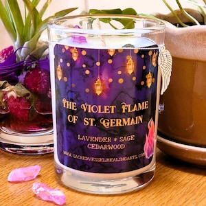 Violet Flame Candle, Ascended Master St. Germain Prayer Candle, Ltd Edition Luminary 12 oz w/Angel Wing Charm, Archangels, Lavender w/Gems