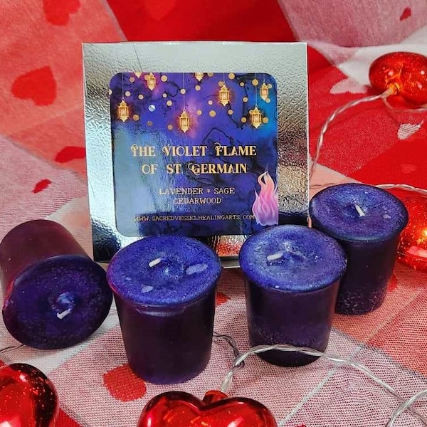Violet Flame Candles Box of 4 Votives ~Ascension~ Ascended Master St. Germain ~ Healing~ Clear Negativity~ Encourage Hope ~ Gift Set Angels