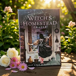 May include: The Witch's Homestead Oracle deck box features an illustration of a person standing before a window during a storm. The cover displays the title text, a dark interior scene with kitchen items, and the authors' names, Adas Knox and Giada Rose.