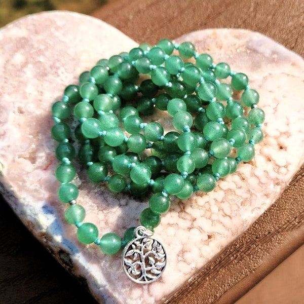 Green Aventurine Gemstone Mala Hand Knotted Prayer Beads w/ Tree of Life Charm ~ Abundance & Healing