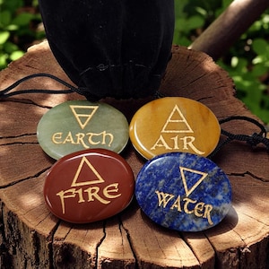 Engraved Altar Stones – 4 Element Gemstones with Pouch | Earth Air Fire Water | Aventurine, Lapis, Jasper | Witchy Gift for Rituals & Spells