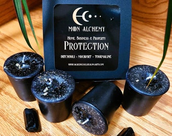 PROTECTION Votive Candles ~ Box of 4 Patchouli Basil Mugwort Black Tourmaline Chips Moon Alchemy Guard & Shield Home Business Property