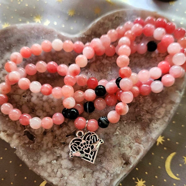 Rose Jade & Black Onyx 'Grounded Love' 108 6mm Mala Prayer Beads One of A Kind Natural Gemstone Heart Charm Elastic Balanced Relationships