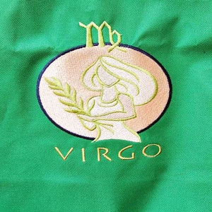 Virgo Tote Bag Applique 17&quot; H x 15&quot; W x 4&quot; D * Green Canvas w/Vinyl Lining Zipper Closure September Zodiac Astrology Beach Travel