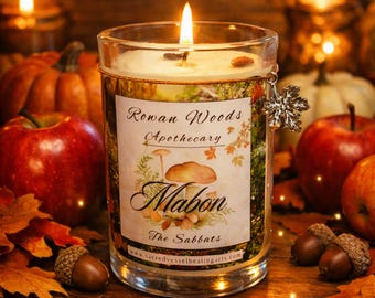 Mabon Sabbat Candle +Bonus Ritual, Wiccan Wheel of The Year Fall Autumnal Equinox Soy Candle, 12oz, Leaf Charm, Harvest of Fruit & Trees
