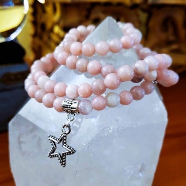 Pink Peruvian Opal Mala Prayer Beads with Silver Star Charm 108 Beads 6mm Stretchy Reiki Blessed