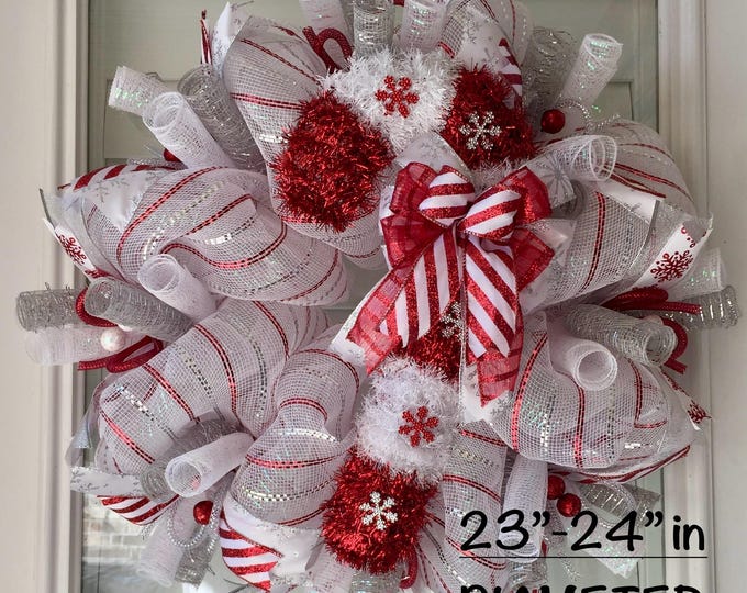 Red and White Tinsel Candy Cane Christmas Wreath - Etsy