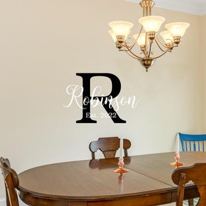May include: A dining room with a wooden table and chairs. The table is oval shaped and has a dark wood finish. There are six chairs around the table, all with a similar dark wood finish. The room has white walls and a large window with white blinds. A black metal letter R with the text "Robinson Est. 2022" is on the wall.