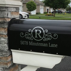 Mailbox decal with personalized monogram and address numbers