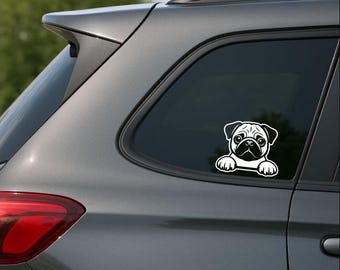 Cute Peeking Pug Decal – Car Window Sticker – Multiple Sizes & Colors – Durable Oracal 651 Vinyl