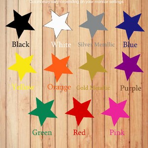 Peut inclure: Nuancier de couleurs avec 12 &eacute;chantillons en forme d'&eacute;toile. Les couleurs sont noir, blanc, argent m&eacute;tallis&eacute;, bleu, jaune, orange, or m&eacute;tallis&eacute;, violet, vert, rouge et rose.