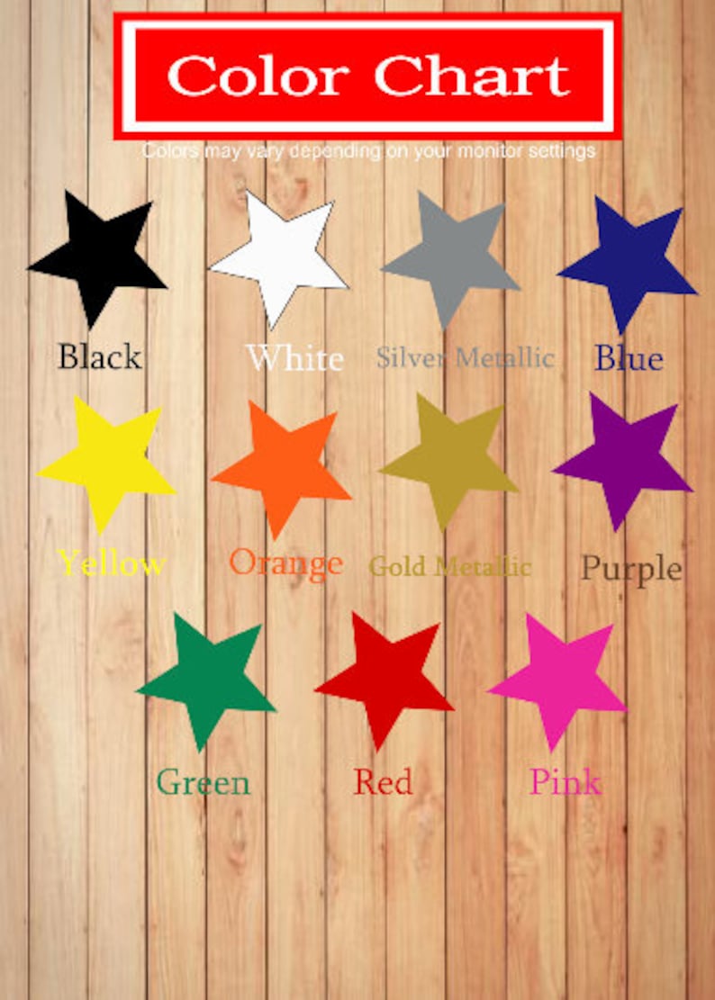 Peut inclure: Nuancier de couleurs avec 12 &eacute;chantillons en forme d'&eacute;toile. Les couleurs sont noir, blanc, argent m&eacute;tallis&eacute;, bleu, jaune, orange, or m&eacute;tallis&eacute;, violet, vert, rouge et rose.