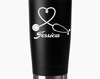 May include: Black stainless steel travel tumbler with a white heart and stethoscope design and the name "Jessica" on it.