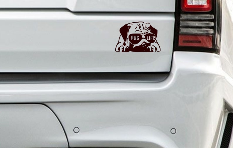 Peut inclure: Une voiture blanche avec un carlin brun portant des lunettes de soleil et le texte "PUG LIFE" sur le pare-chocs arri&egrave;re.