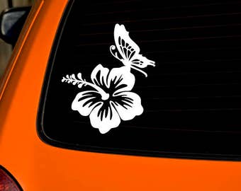 Butterfly decal | butterfly on flower | pretty flower decal | flower decal | butterfly car decal | hibiscus sticker | hibiscus flowrr decal