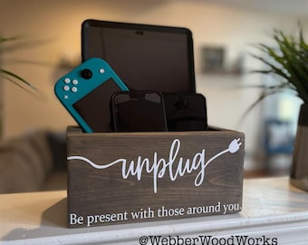 Unplug Wooden Box, Unplug Electronics Storage Box, Tech Time Out Box, Electronics Holder, Unplug & Be Present With Those Around You Wood Box