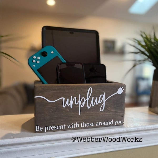 Unplug Wooden Box, Unplug Electronics Storage Box, Tech Time Out Box, Electronics Holder, Unplug & Be Present With Those Around You Wood Box