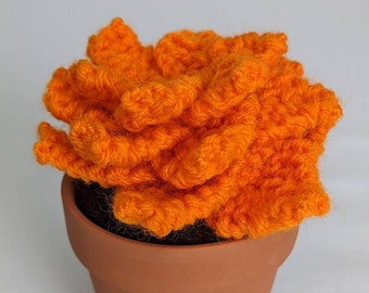 Hand Knit Orange Succulent in 3" Terracotta Pot - Faux Plant Decor