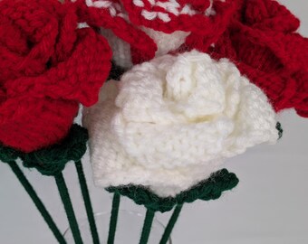 Hand Knit Faux Half Dozen (6) Two Toned Red and White Rose Bouquet Ready to Ship