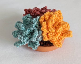 Hand Knit Blue Orange Maroon Mini Cluster Succulent Terracotta Pot Saucer Fake Faux Indoor House Plant Garden Home Decor Ready to Ship Gift