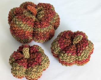 Hand Knit Pumpkin Patch Set of 3 Multi-colored Red Orange Green Brown Striped Pumpkins Fall Thanksgiving Decor Ready to Ship