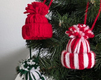 Set of 6 Mini Red Green White Stiped Yarn Beanie Hat Christmas Tree Ornaments Christmas Decor Ready to Ship