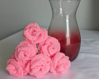 Hand Knit Faux Pink Rose Bouquet Set of 6 for Valentine's Day Wedding Mother's Day Birthday Anniversary Gift Indoor Home Decor Ready to Ship
