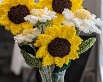 Hand Knit Sunflower & Daisy Floral Bouquet (Set of 6)